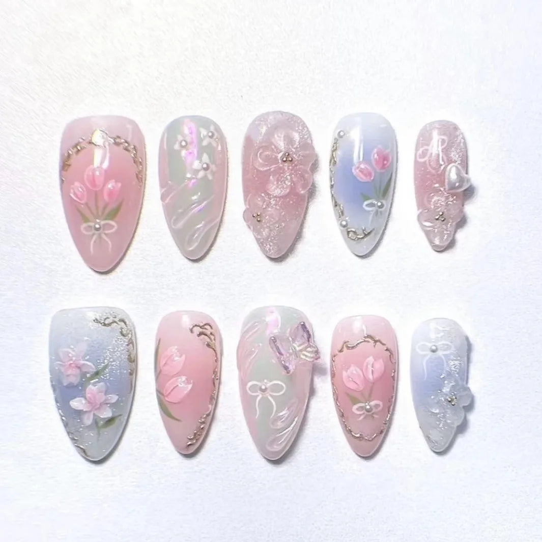 24pcs Brown Fake Nails Autumn Bow Pearl Short Almond False Nail Art Reusable Polka Dot Full Cover Nail Tips Press on Nails Sets