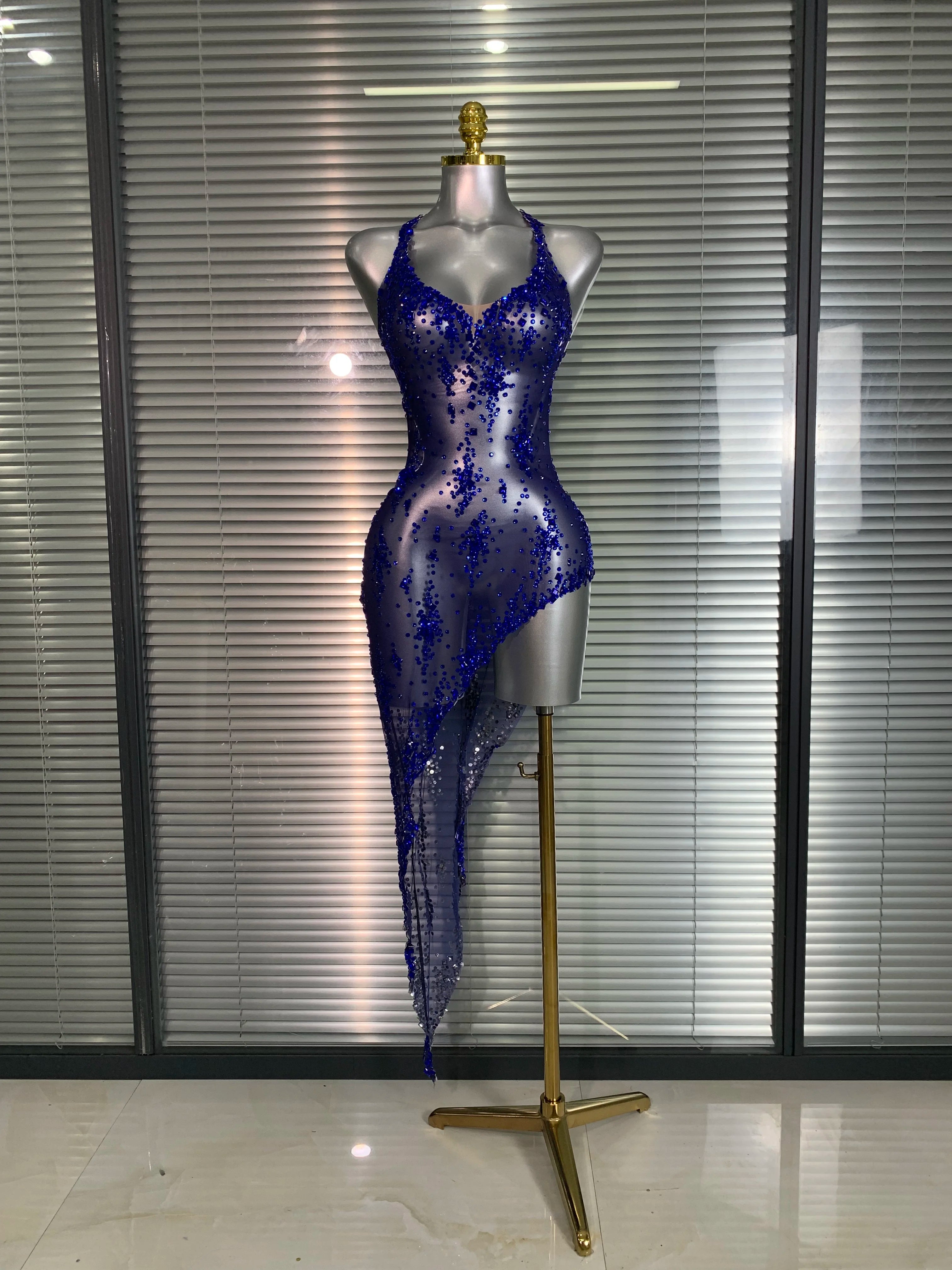 Summer 2025 Women Sexy Mesh Crystal Diamonds Blue Performance Costume Stage Dancer See Through Stretchy Night Club Party Dress