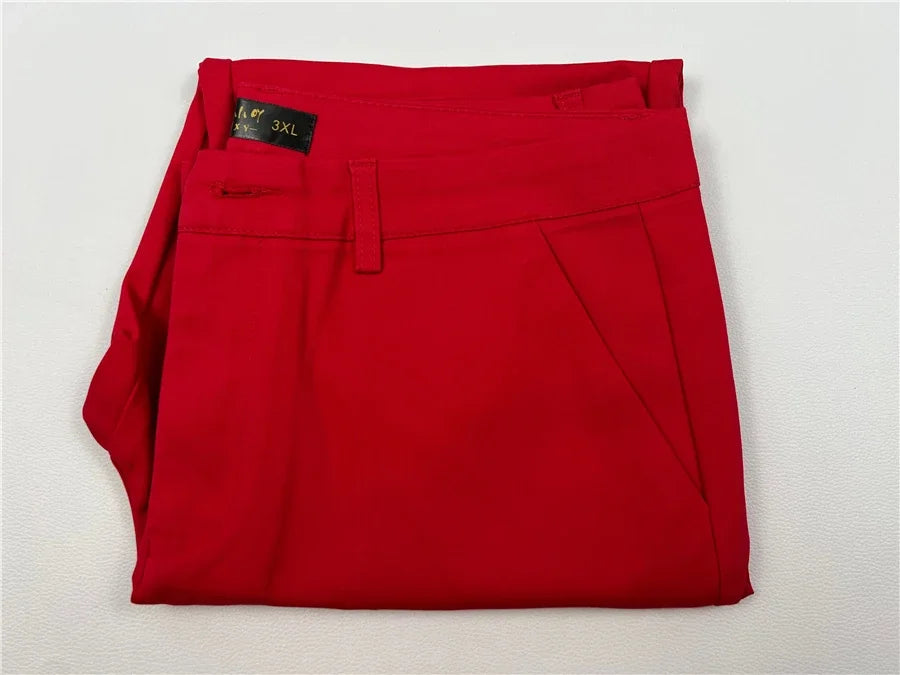 S-4xl Big Size Office Pencil Pants Womens Formal New Elegant OL Work Pantalones Elastic Cotton Slim Ankle-length Trousers red