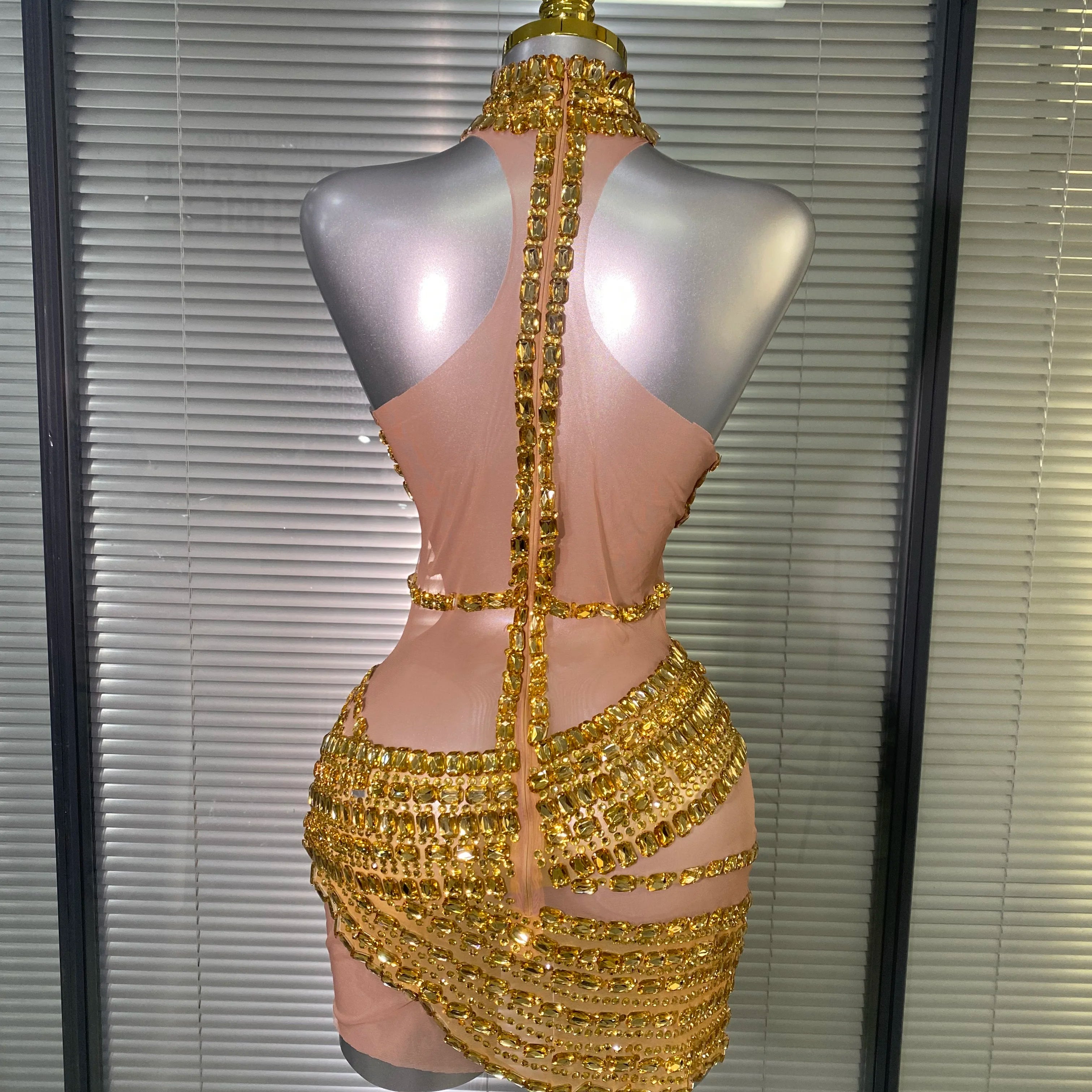 New Women Sexy Mesh Stage Costume Crystal Dancer Singer Sheer Mesh Night Club Red Gold Silver Mini Party Dress