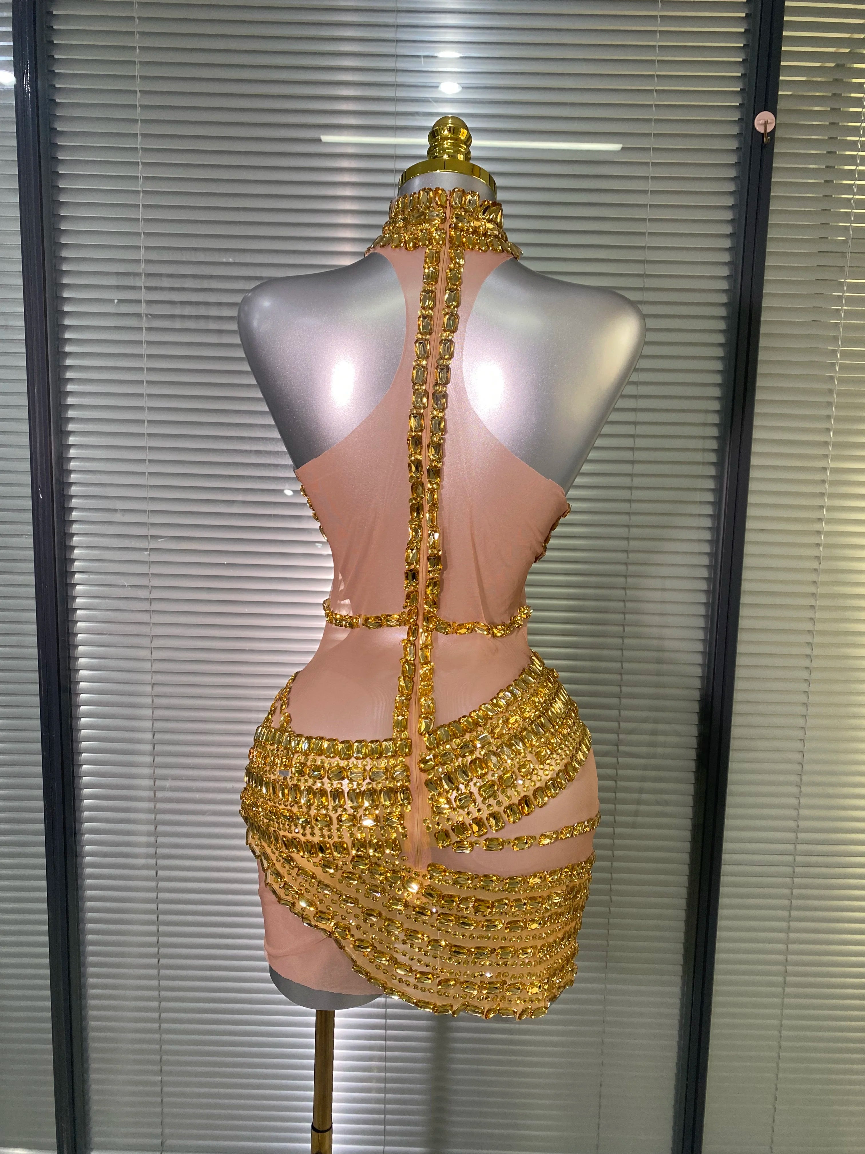 New Women Sexy Mesh Stage Costume Crystal Dancer Singer Sheer Mesh Night Club Red Gold Silver Mini Party Dress