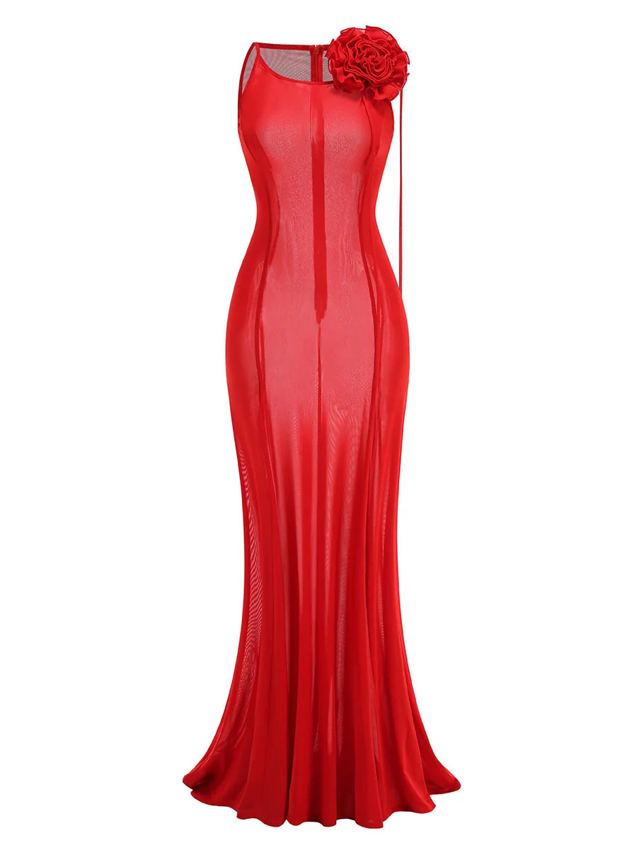 Red Color Women Sleeveless Sexy Mesh See Thorugh Bodycon Long Dress Celebrate Nightclub Party Birthday Outfit Vestido