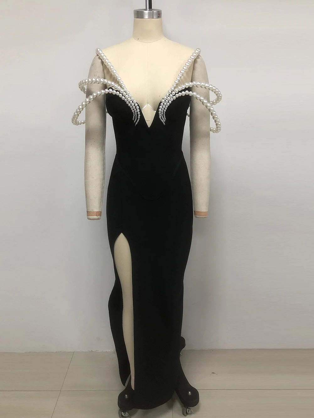 Women Sexy Black Pearl bead Maxi Long Bodycon Bandage Dress 2025 Celebrity Elegant Evening Club Party Luxury Birthday Gowns