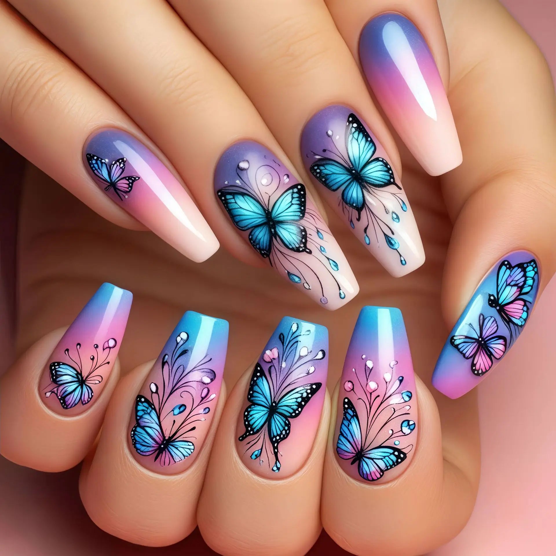 24Pcs Long Ballet Fake Nails with Blue Butterfly Design Gradient Dreamy Pink Purple Full Cover Nails Wearable Fake Nail Manicure