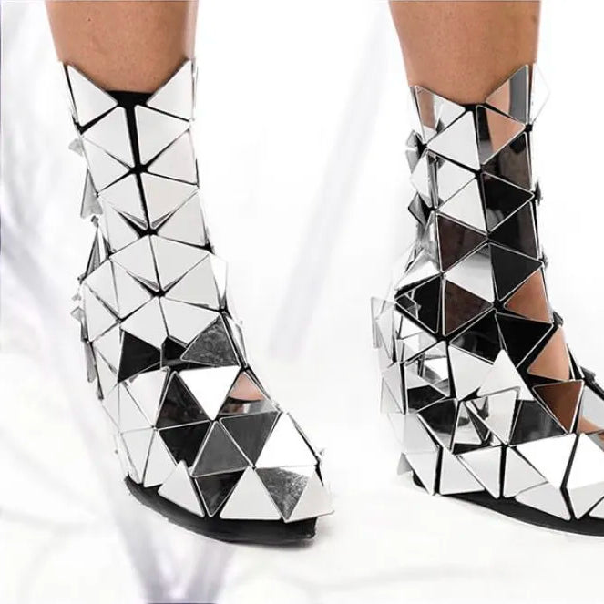 New Women Stage Show Costume Over Knee Boots Folk Dance Singer Party Show Mirror Shoes Nightclub Gogo Mirror boot cocovers Silver-Short Boots 2 One Size