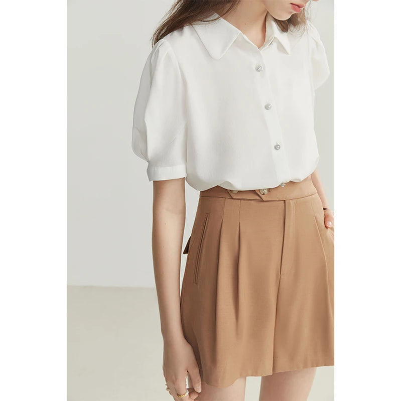 French Court Style Women Shirts Puff-sleeved Short Sleeve Elegant Vintage Casual Female Blouses Tops WHITE