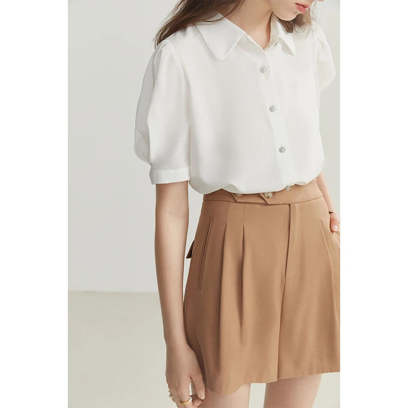 French Court Style Women Shirts Puff-sleeved Short Sleeve Elegant Vintage Casual Female Blouses Tops WHITE