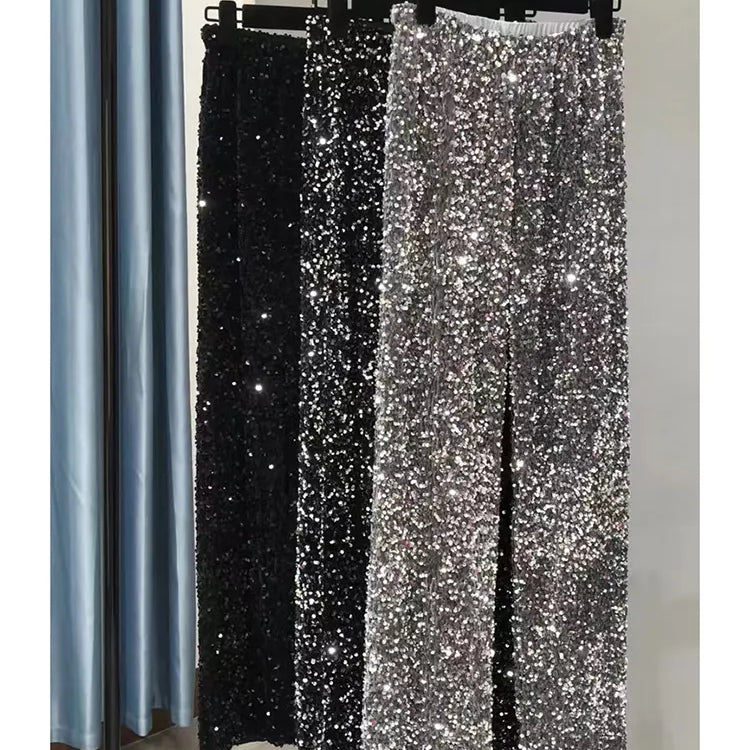 Y2k Pants Woman Elastic Waist Sequins Wide Leg Trousers Shiny Full Length Straight Female High Street