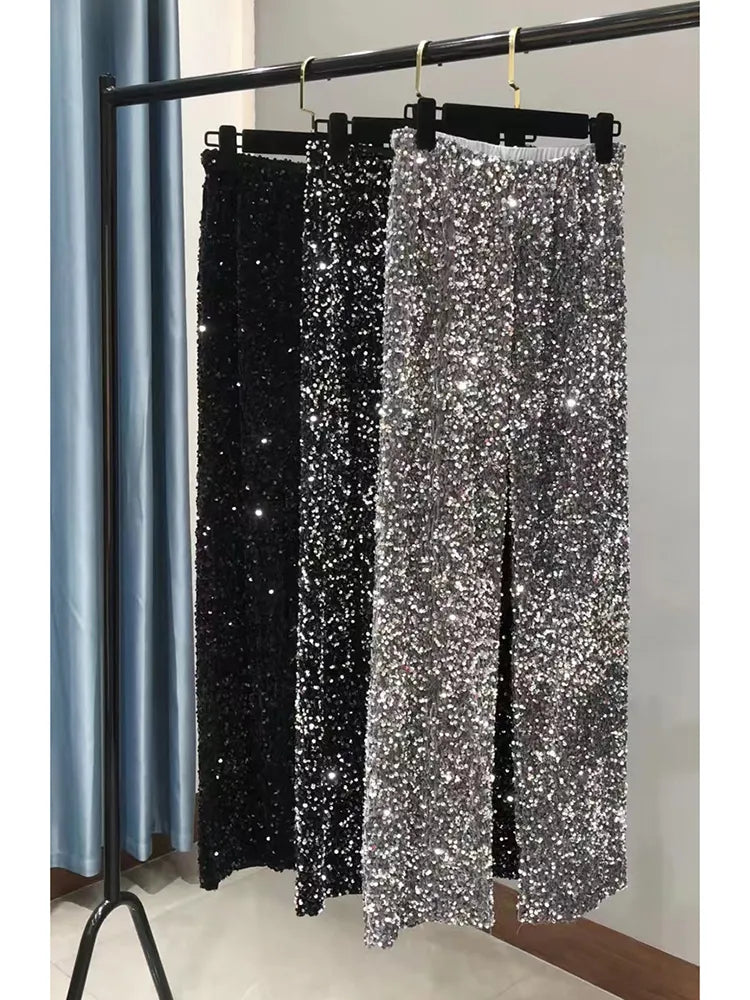 Y2k Pants Woman Elastic Waist Sequins Wide Leg Trousers Shiny Full Length Straight Female High Street