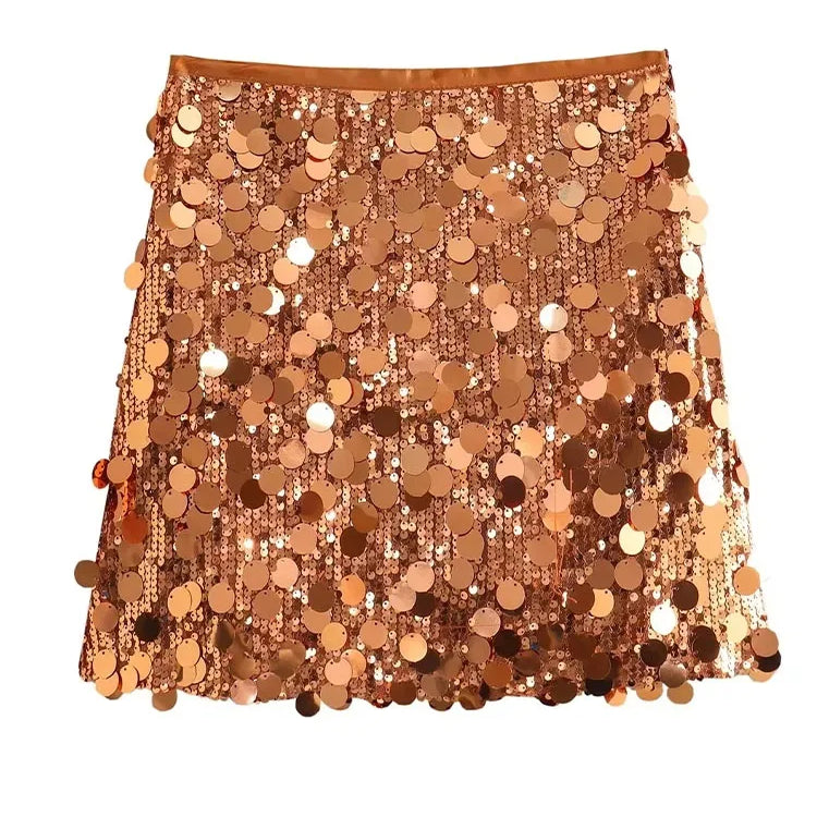 TRAFZA Women New Fashion Y2K Shiny Sequin Skirt Female Elegant High Waist Mini Skirts Casual Woman Sexy Chic Party Skirts