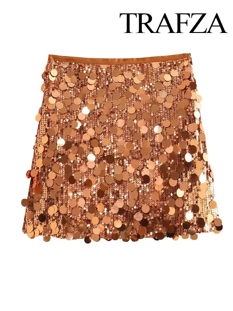 TRAFZA Women New Fashion Y2K Shiny Sequin Skirt Female Elegant High Waist Mini Skirts Casual Woman Sexy Chic Party Skirts
