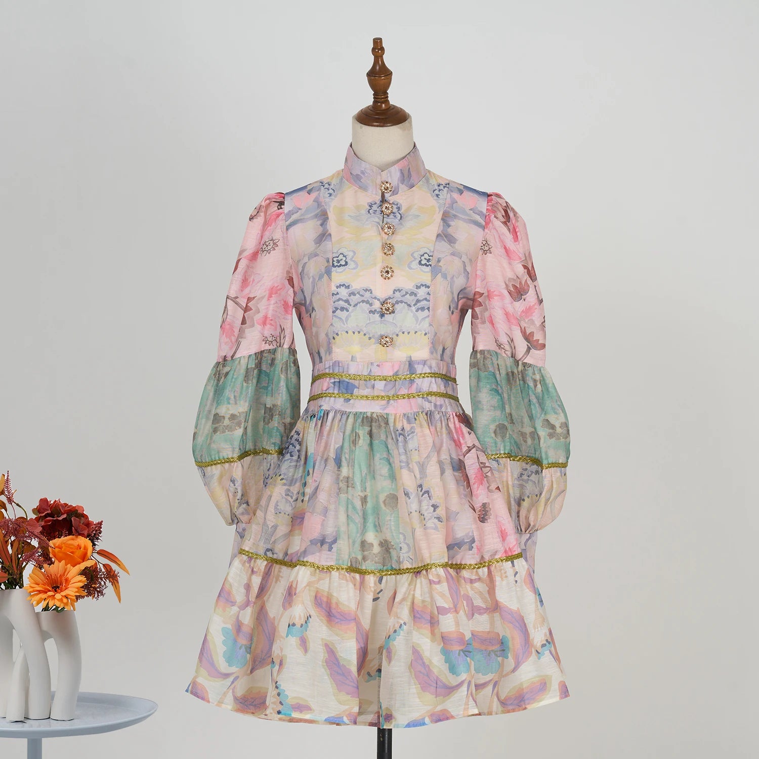 Fall Shot Spot Customized Product Vintage Court Style Small Stand Collar Bubble Sleeve Waist-Tight Dress