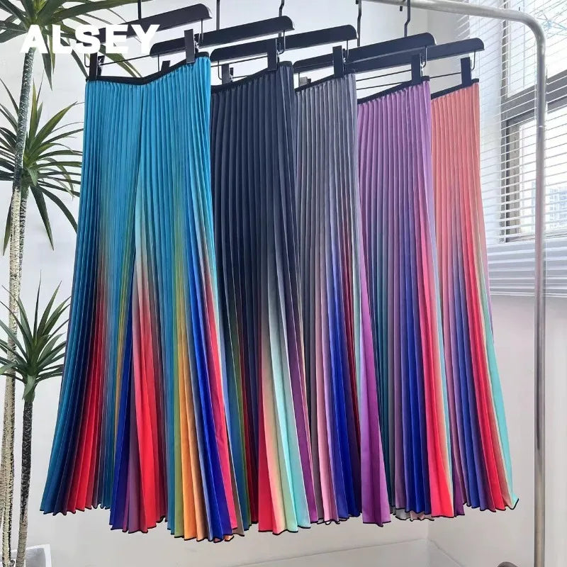 ALSEY Miyake Pleated Slim Hundred Fashion Rainbow Color Gradient Women's Office Lady Casual Pants Spring/Summer New