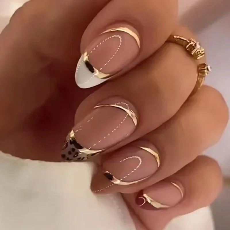 24pcs Leopard Print Almond Fake Press on Nails with Mini Flower Acrylic Fake Nails Retro Sweet Cool Design Press Ons French Nail