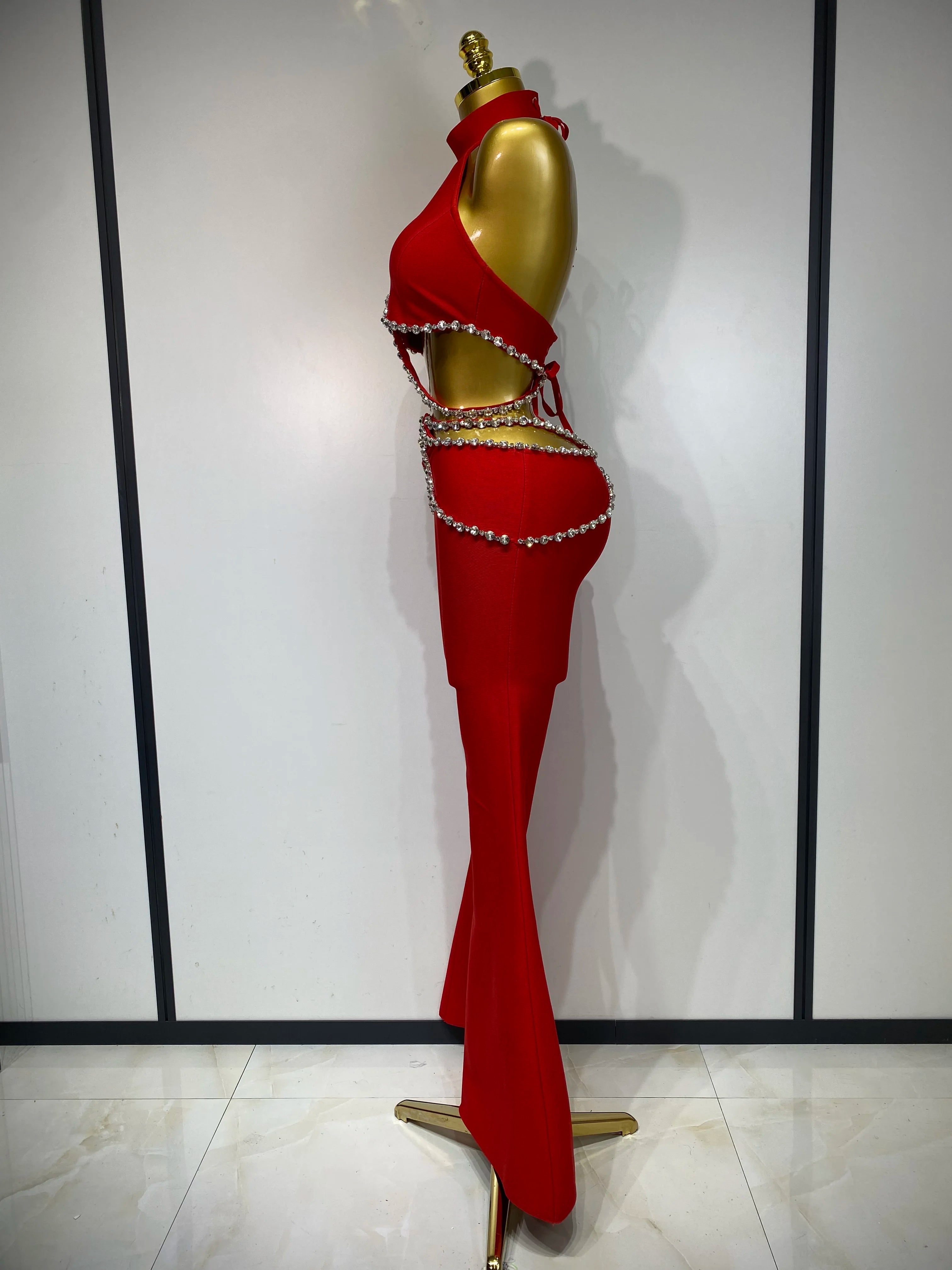 Women Luxury Rhinestone Red Sexy Cut Out Two Piece Pants Bandage Set 2025 Celebrity Designer Fashion Women's Set Stage Outfit