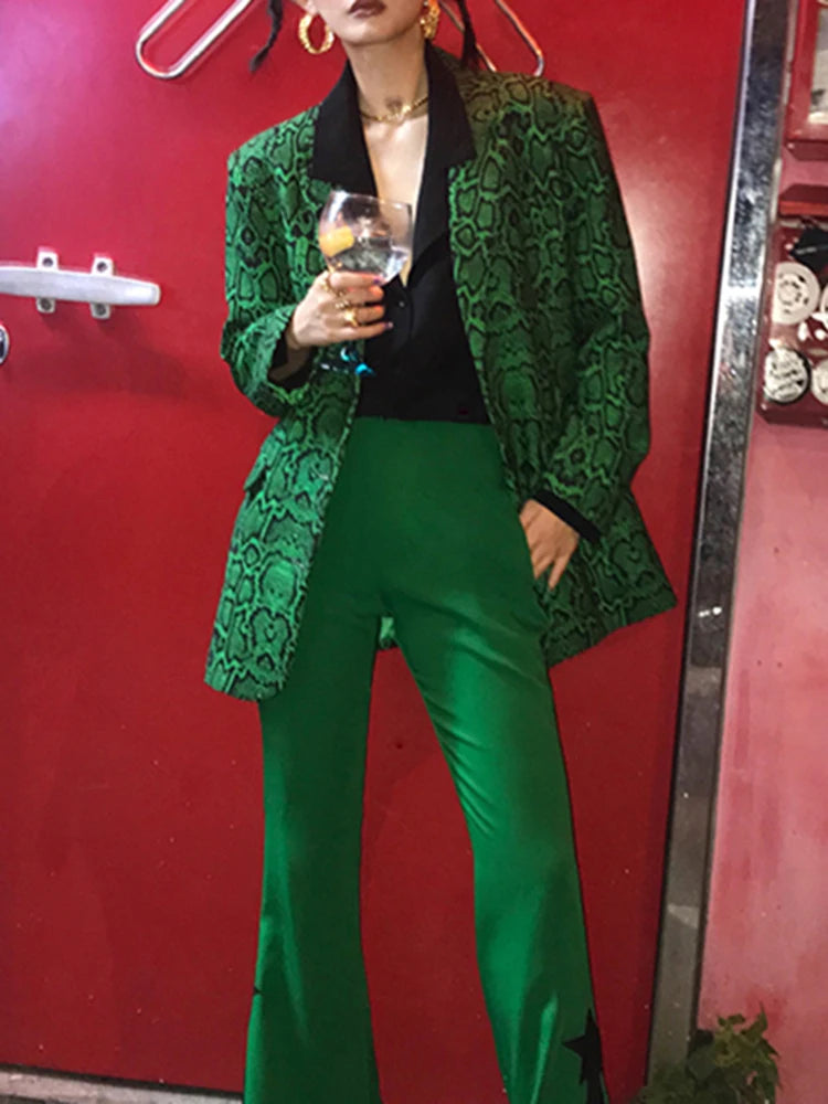 Leopard Temperament Blazer For Women Notched Collar Long Sleeve Tunic Patchwork Pocket Chic Blazers Female Fashion Clothing