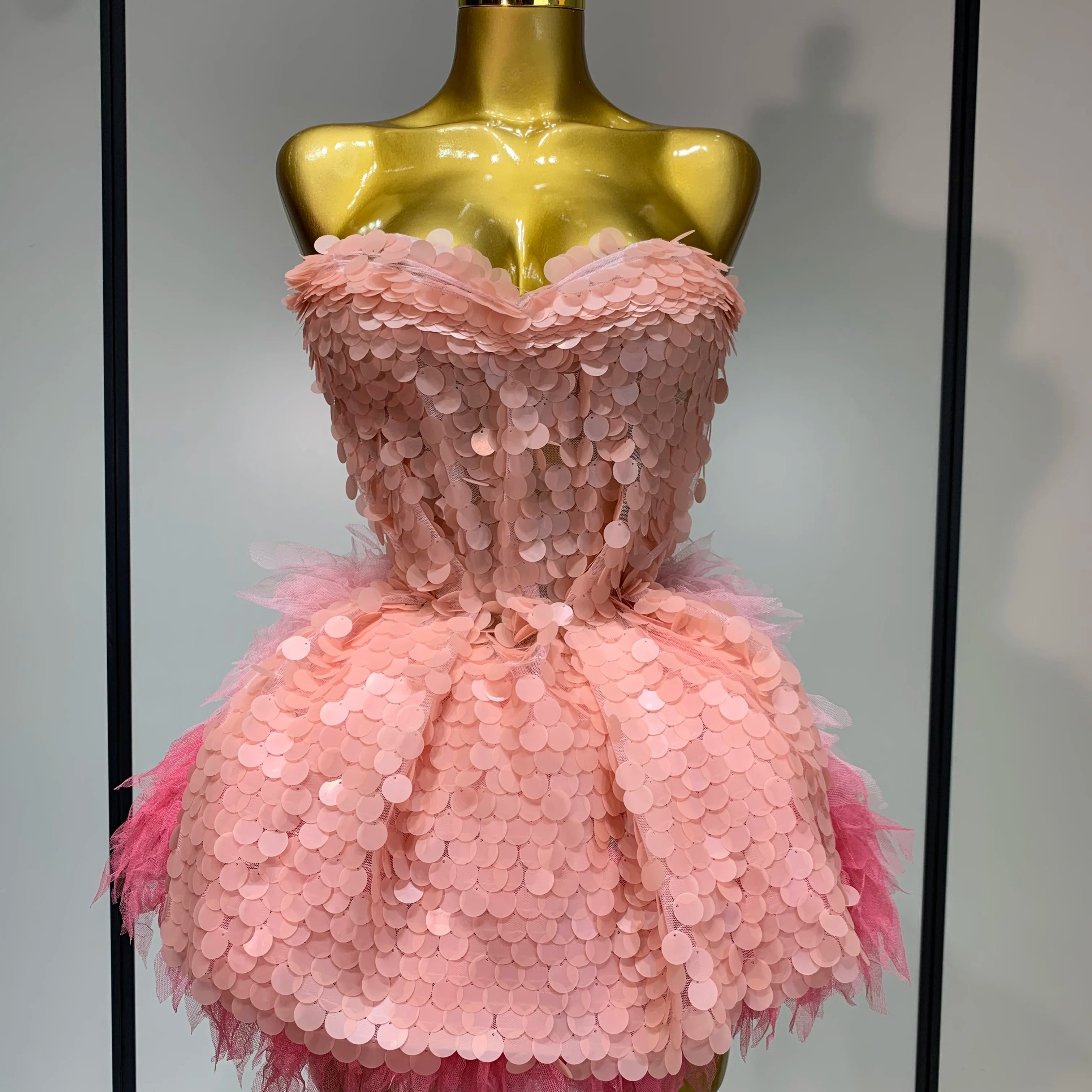 Sparkly Sequins Ruffles Two Pieces Set Sexy Backless Top Skirt Set Nightclub Performance Dance Dress Singer Stage Outfit