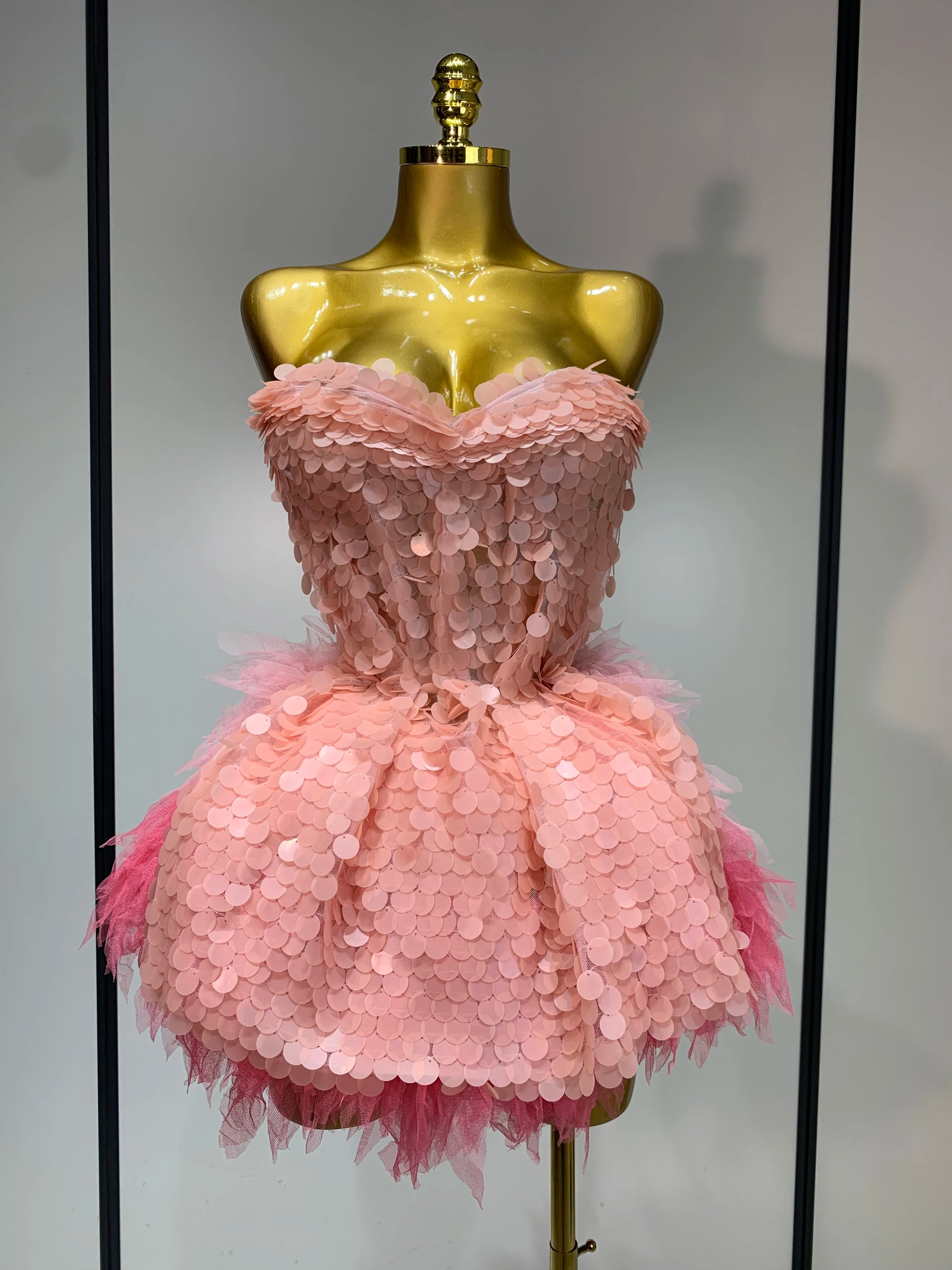 Sparkly Sequins Ruffles Two Pieces Set Sexy Backless Top Skirt Set Nightclub Performance Dance Dress Singer Stage Outfit