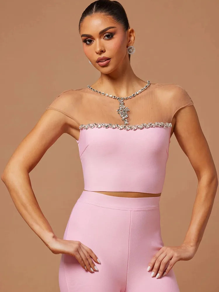 Women Luxury Sexy Mesh Crystal Beading Pink Two Piece Pants Bandage Set 2023 Celebrity Designer Fashion Women's Set