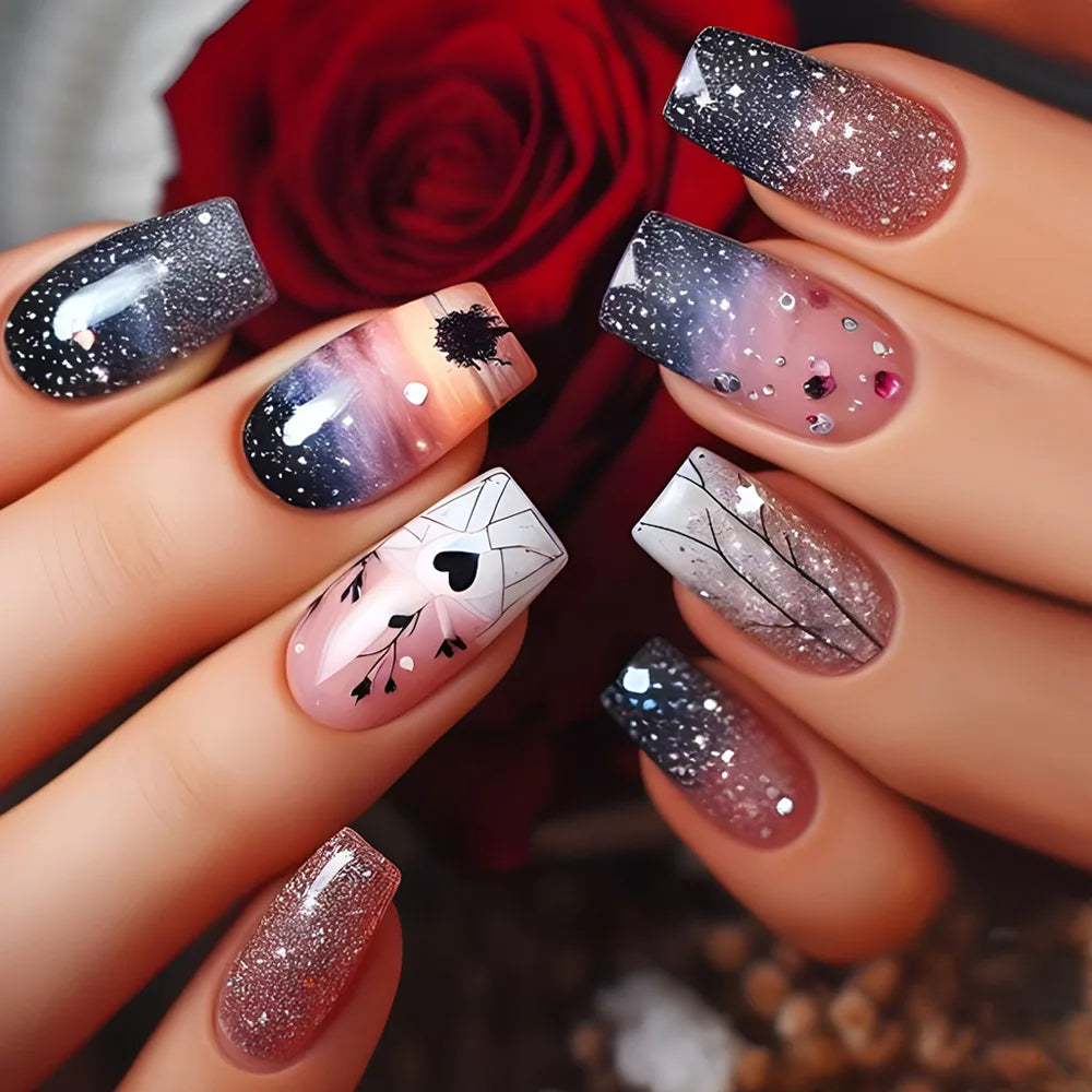 24Pcs Cute Bee False Nails with Jelly Glue Mid-length Ballet Fake Nail Art Tips Yellow Flower Design Wearable Nails Set Press On