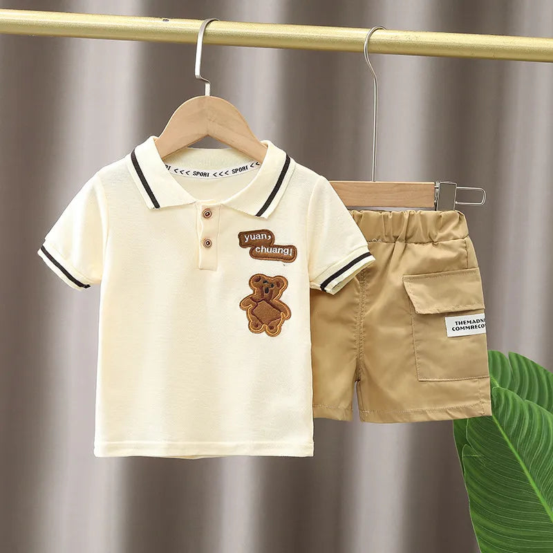 Summer Baby Boy Clothing Sets Fashion Bear Embroidery Short Sleeve T-shirt+Shorts Children 2Pcs Suit 1-5Y Girl Kids Sports Set Yellow