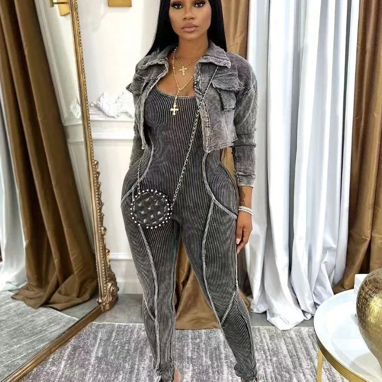 CM.YAYA Fashion Women's Set Washed Knitted Long Sleeve V-neck Coats+pencil Jumpsuits Active Two 2 Piece Set Outfits Tracksuit