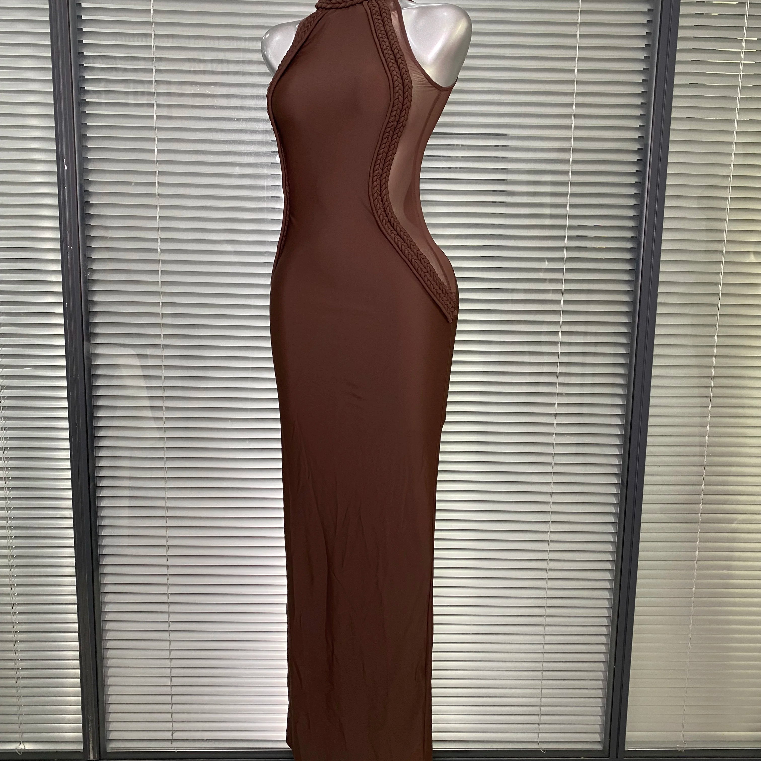 Brand New Women Sexy Sleeveless Brown Lace Long Dress Brown High Street Celebrity Party Dress