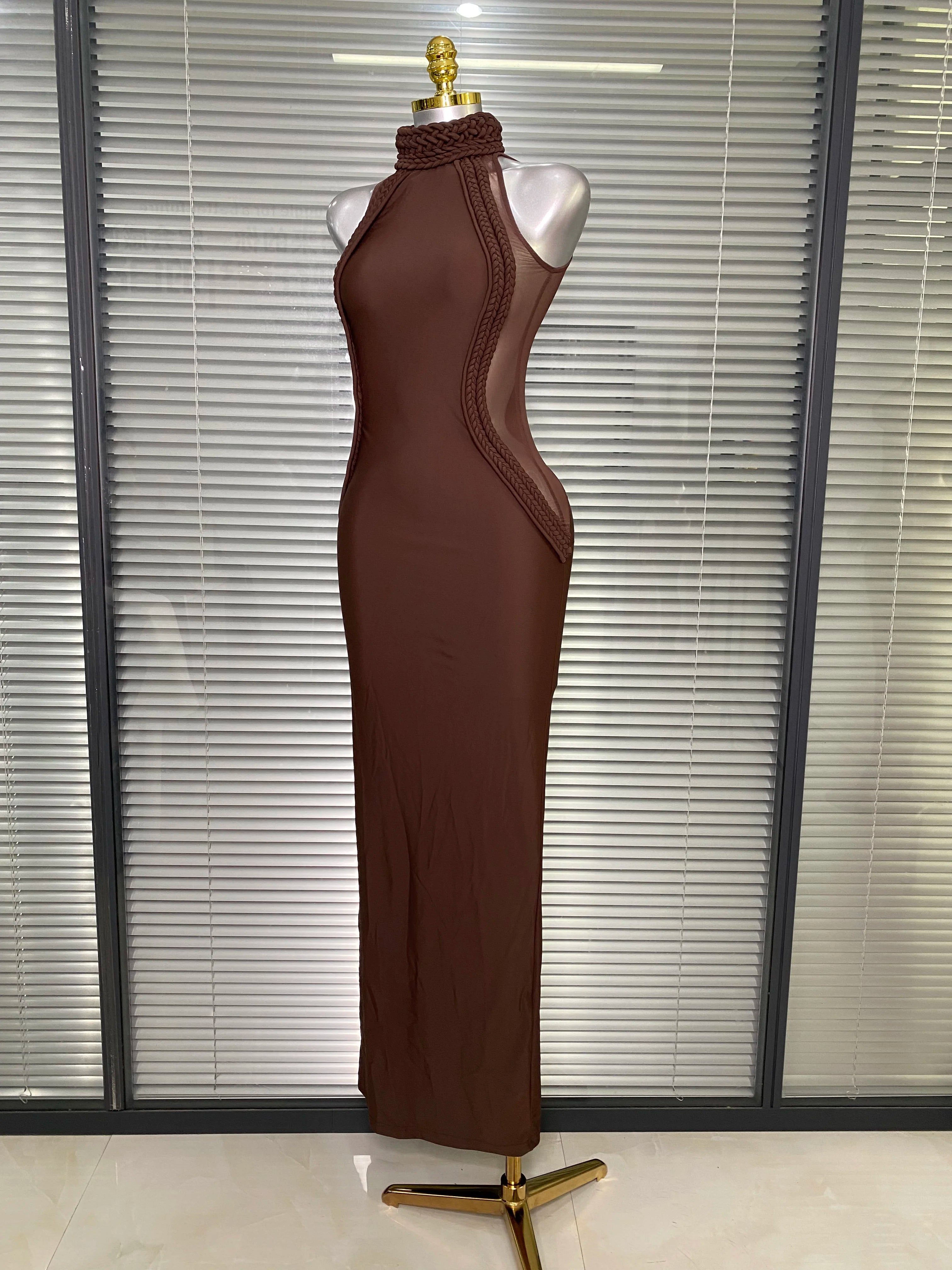 Brand New Women Sexy Sleeveless Brown Lace Long Dress Brown High Street Celebrity Party Dress
