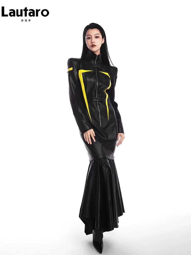 Spring Autumn Cool Red and Black Patchwork Faux Leather Maxi Dress Women with Detachable Hem Luxury Designer Clothing