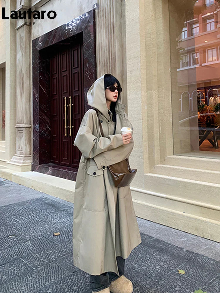 Spring Autumn Long Oversized Light Khaki Trench Coat for Women with Hood Double Breasted Loose Casual Overcoat 2024 Light Khaki
