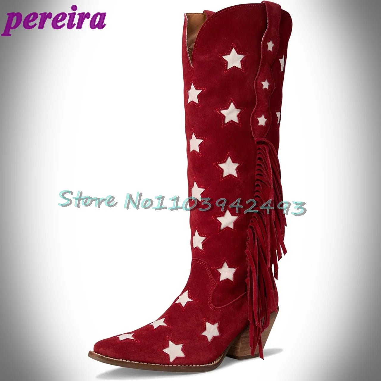 Red Star Pattern Cowboy Boots Women's Knee High Fringe Suede Botas Fashion Western Style Booties Ladies Outdoor Footwear Shoes