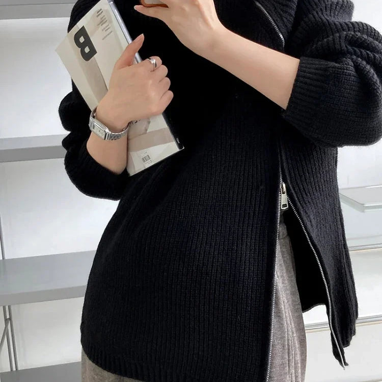 2023 Winter Women's Turtleneck Zipper Oversize Fashion Sweaters Autumn New Knitwears Loose Thick Warm High Neck Solid Pullovers Black MY38