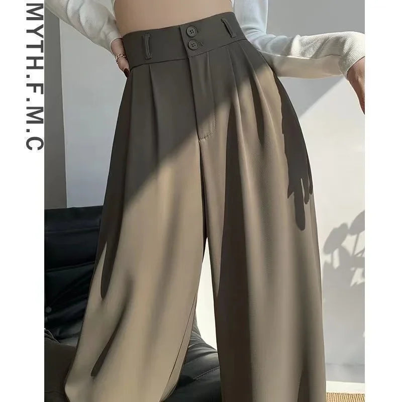 Women’s Wide Leg Pants Women Korean Style High Waist Black Trouser Office Ladies Fashion Loose Grey Suit Trousers Streetwear Coffee