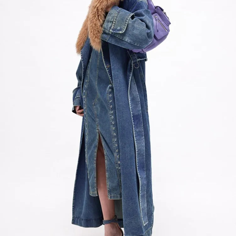 TWOTWINSTYLE Colorblock Patchwork Lace Up Denim Coat For Women Fur Collar Long Sleeve Loose Casual Trench Female Fashion Style
