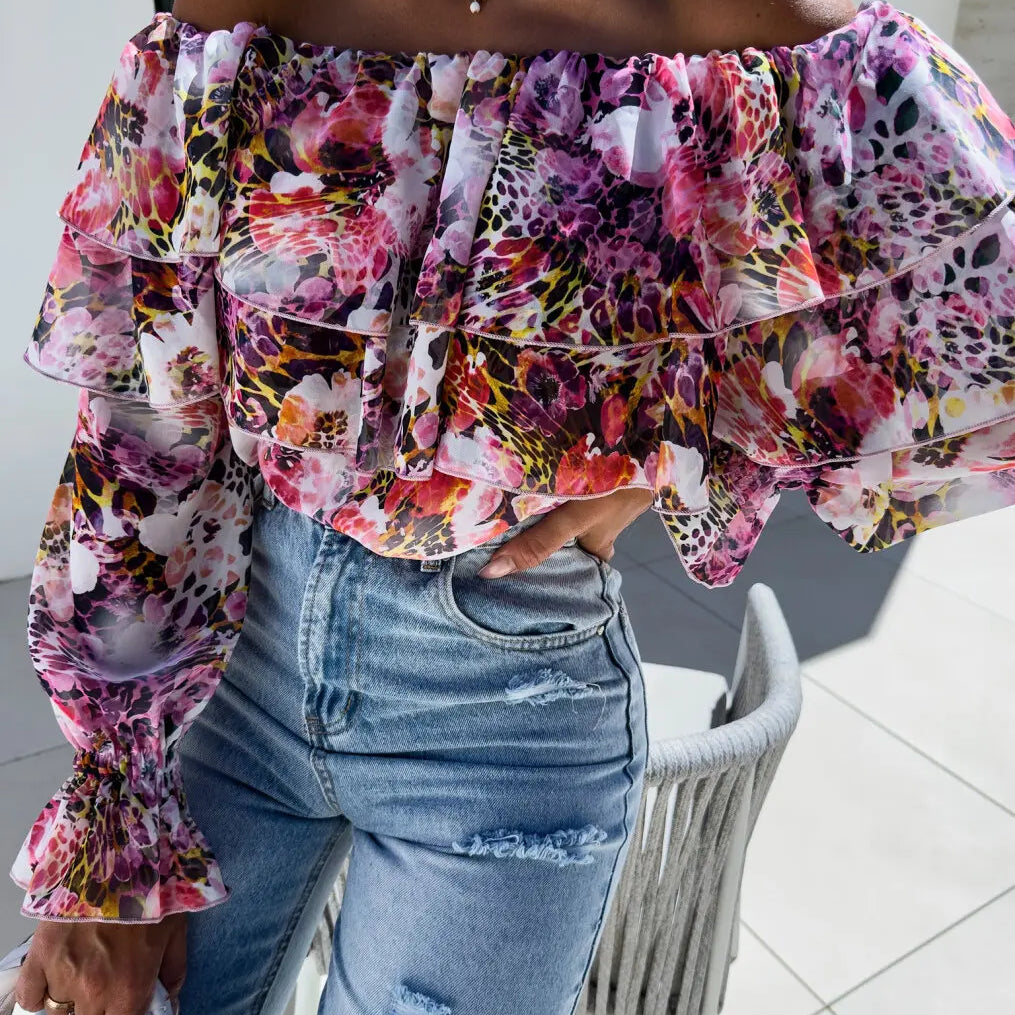 Summer Fashion Off Shoulder Printed Chiffon B LouseWomen Sexy Beach Style Slash Neck Ruffle Chiffon Blouse Women Mixed