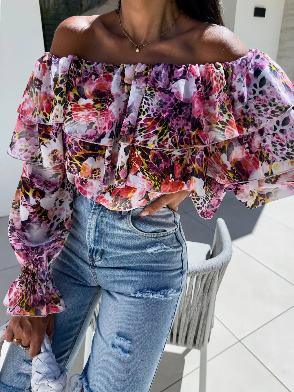 Summer Fashion Off Shoulder Printed Chiffon B LouseWomen Sexy Beach Style Slash Neck Ruffle Chiffon Blouse Women Mixed