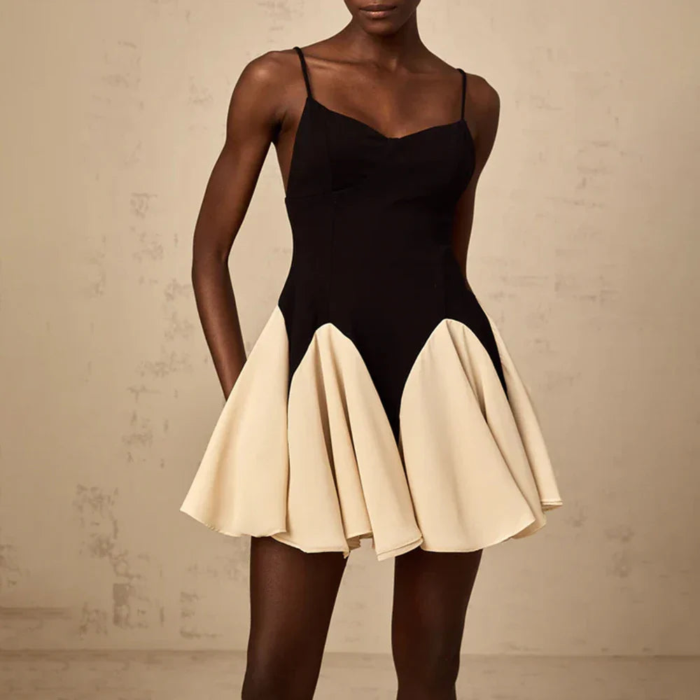 Hit Color Temperament Dresses for Women Square Neck Sleeveless Patchwork Ruffles Minimalism Dress Female Clothing