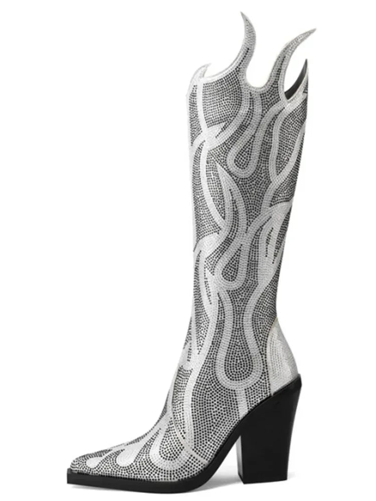 New Women's Rhinestone Flame Ankle Boots Fashion Square Head High Heels Western Boots Party Dress 43 Large Short Boots Silver Long Style