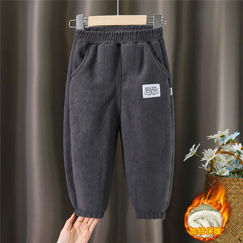 Winter Boys Thick Pants Kids Plus Velvet Warm Trousers Children Padded Cotton Long Pants Autumn Casual Sports Pants 2-12Y Grey