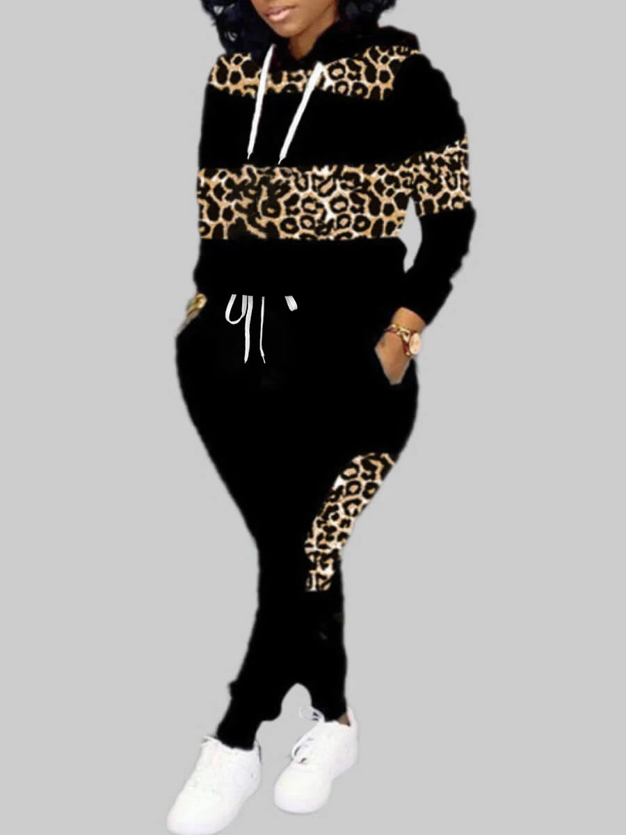 LW Plus Size Hooded Collar Leopard Print Tracksuit Set Drawstring Long Sleeve Hoodie & Pocket Design Pants Two-Pieces Set