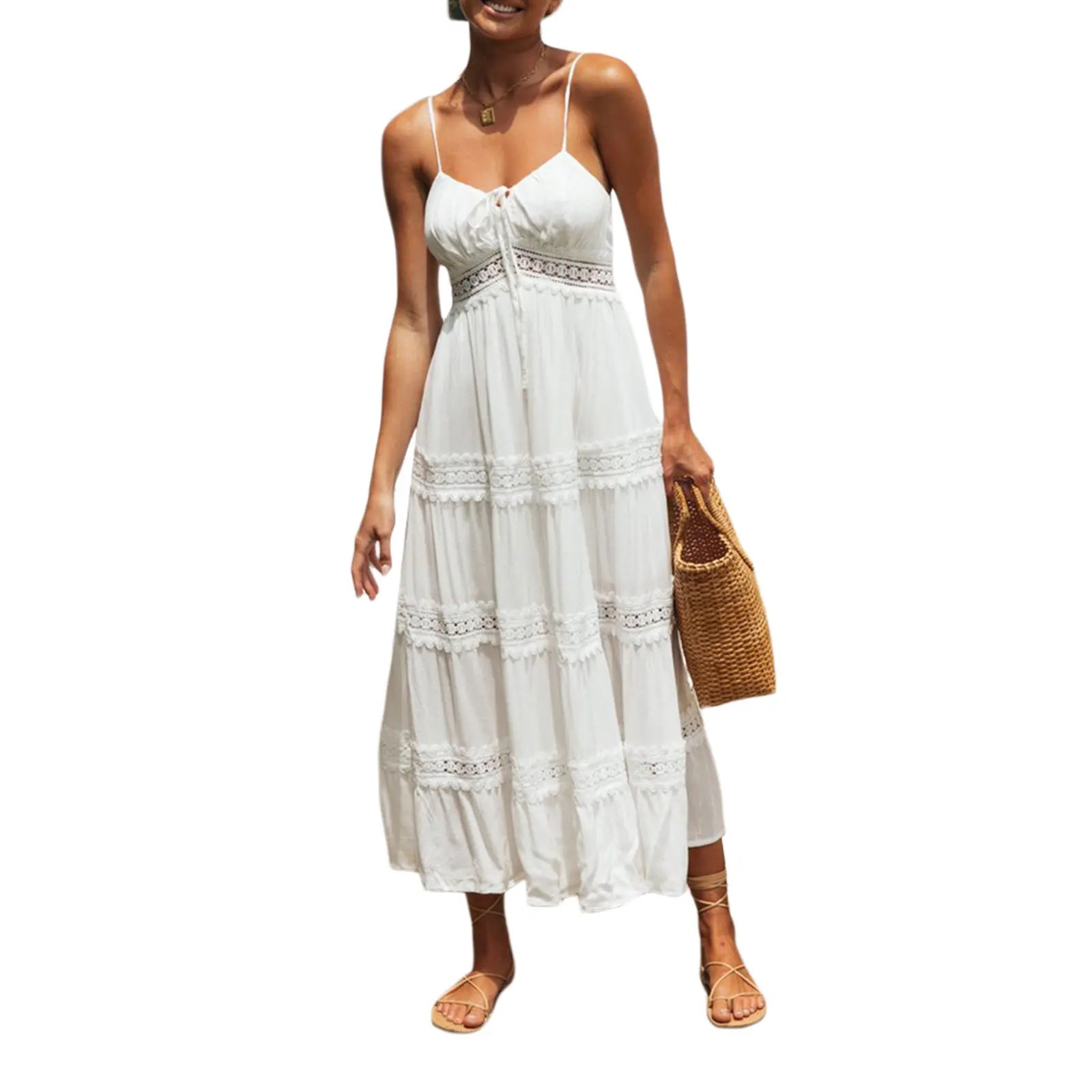 Summer Solid Tunic Women Maxi Dress V Neck Female Elegant Ruffles Party Long Dresses Beach Spaghetti Strap Casual Sundress 4 L