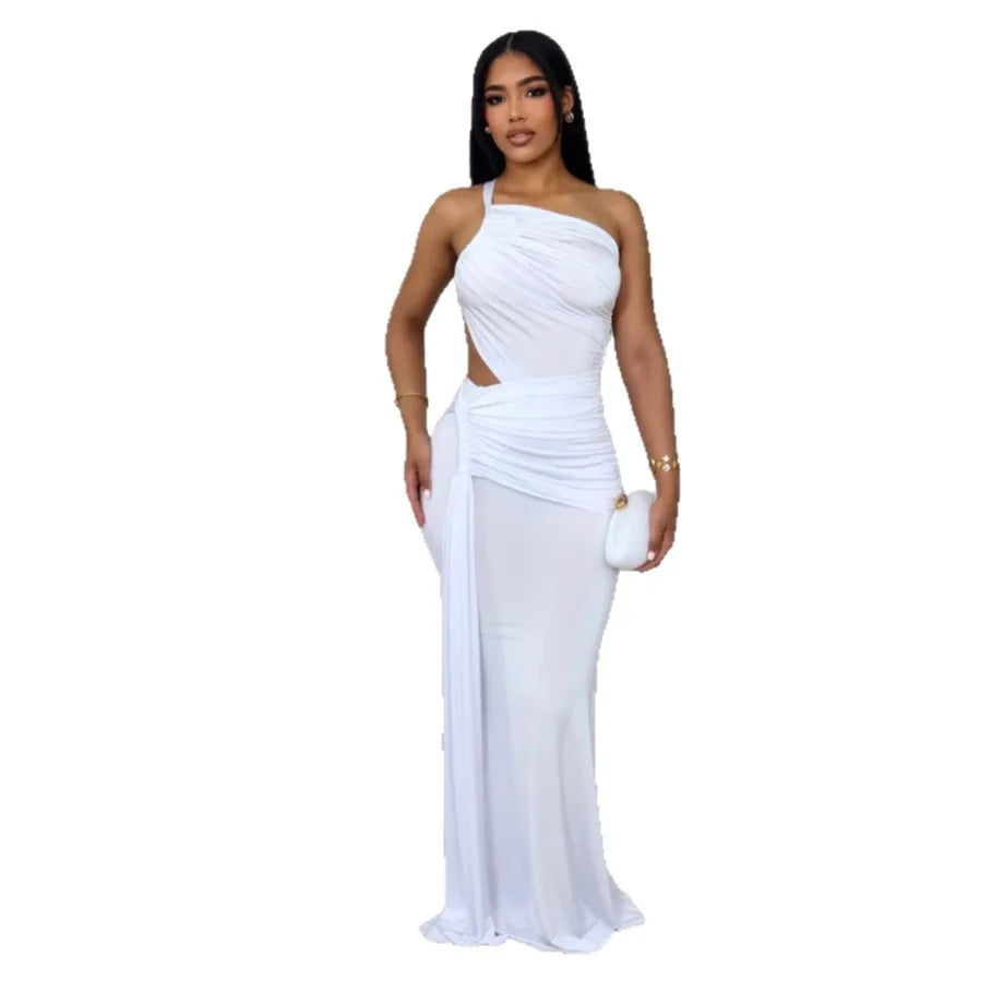 CM.YAYA Women Sleeveless Hollow Out Strap Ruched Maxi Long Dress 2025 Summer Street Sexy Party Birthday Evening Dresses Vestidos