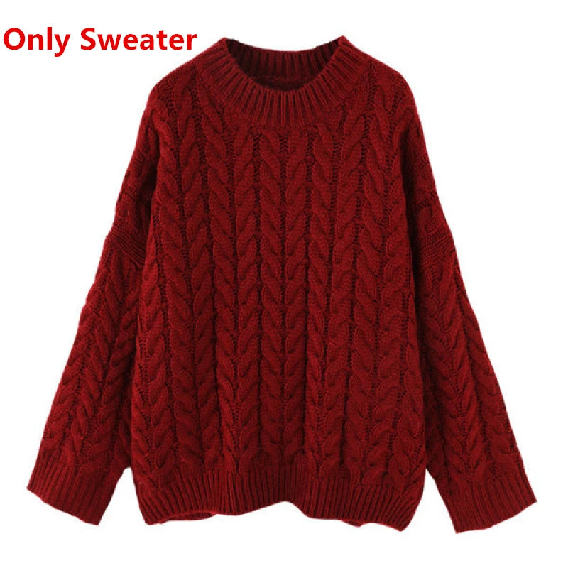 Women's Autumn Winter Lucky Red Sweater Shirt Pleated Mini Skirts 1 or 3 PCS Set Korean Lady Casaul Joker Knit Tops Skirt Outfit Only Sweater