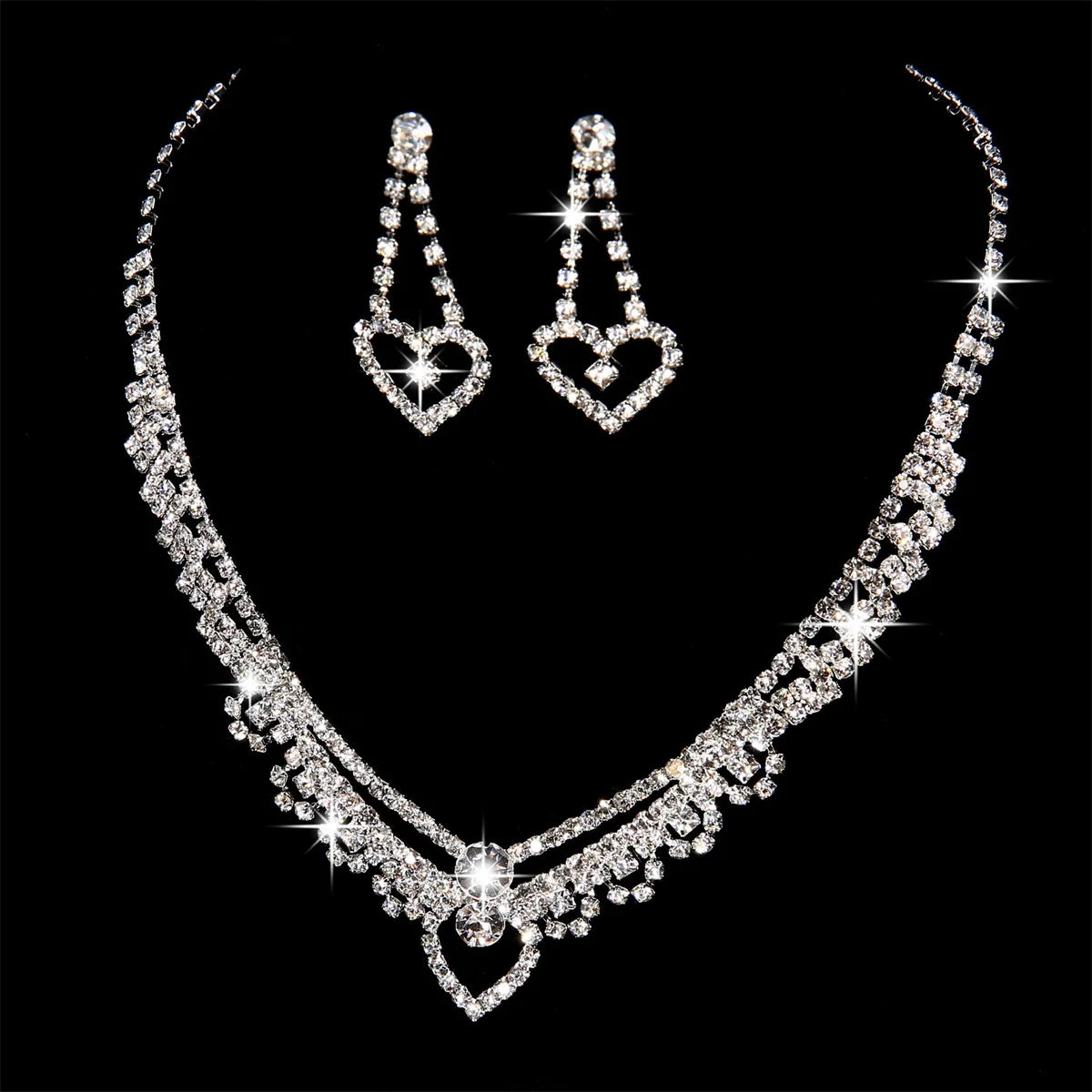 Luxury Elegant Zircon Flower Necklace Earrings Set For Women Silver Color Rhinestone Waterdrop Heart Wedding Bridal Jewelry Set A1385