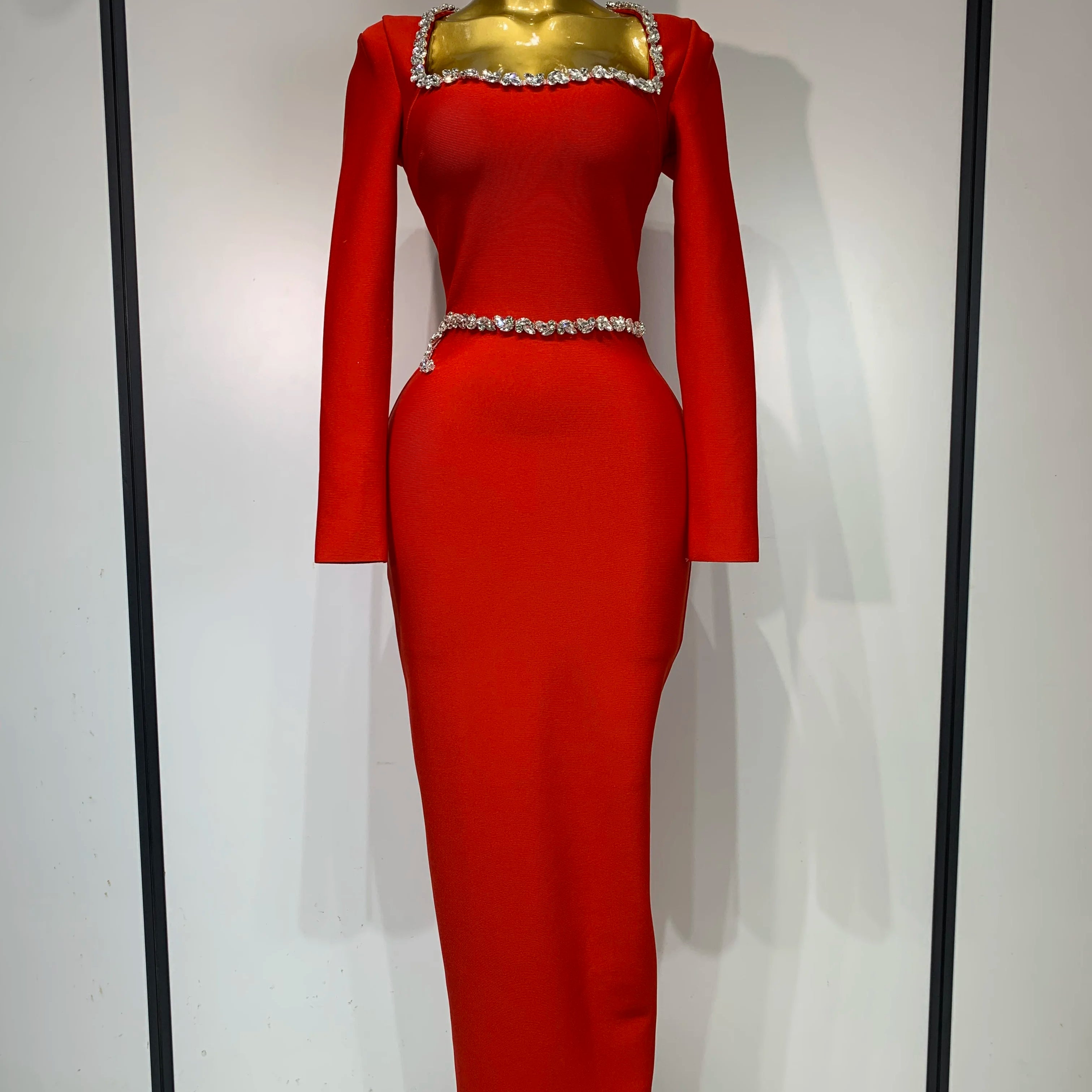 Vestido longo sexy feminino com manga comprida e diamantes, bodycon, bandagem, 2025, celebridade, elegante, festa noturna, luxo, vestidos de aniversário
