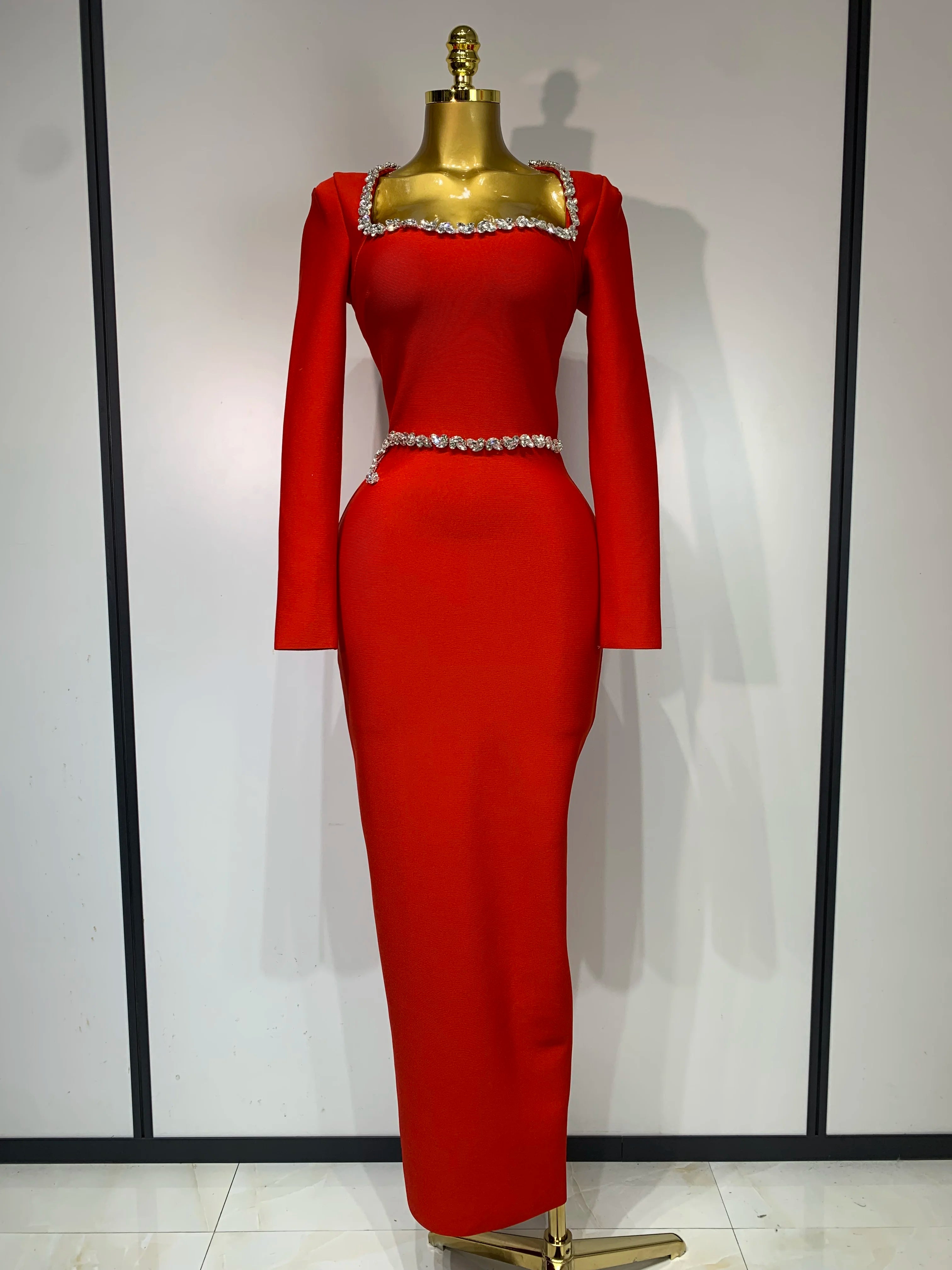 Vestido longo sexy feminino com manga comprida e diamantes, bodycon, bandagem, 2025, celebridade, elegante, festa noturna, luxo, vestidos de aniversário