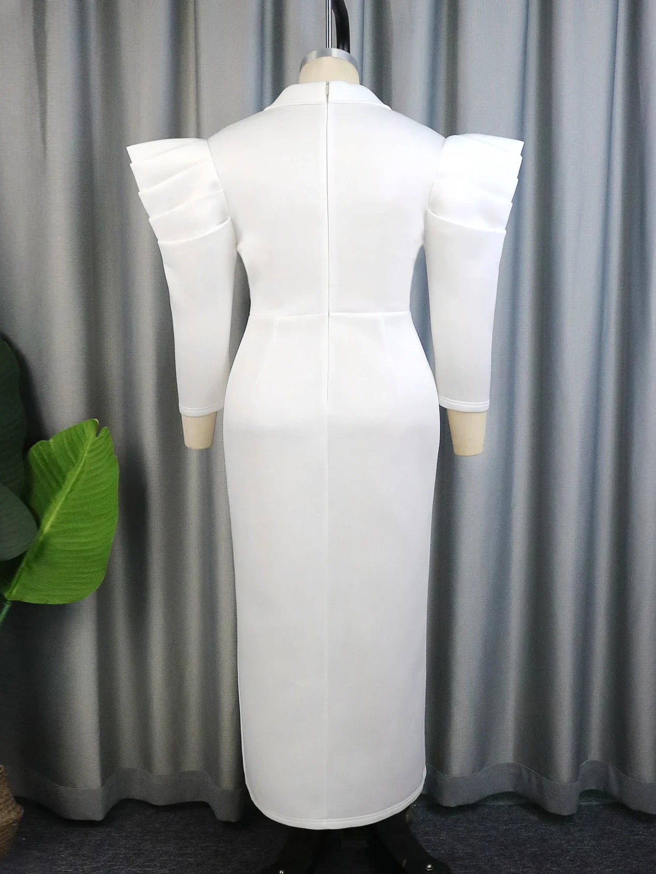 Elegant White Dress Women Small Bead Turndown Collar Fall Winter Slit Slim Long Office Lady Work Wear Vestidos Plus Size
