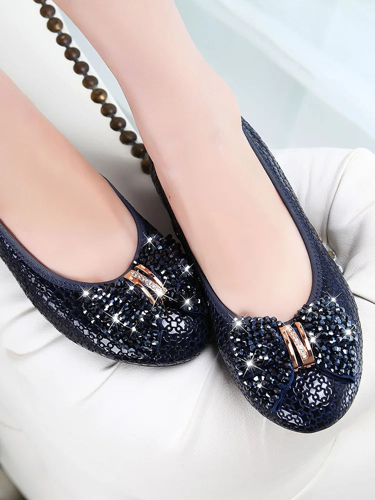 Large Women's Shoes 41-43 Mother's Shoes Soft Soled Real Leather Shoes Bow Single Shoes Scoop Shoes Rhinestone Boat Shoes Flat Blue