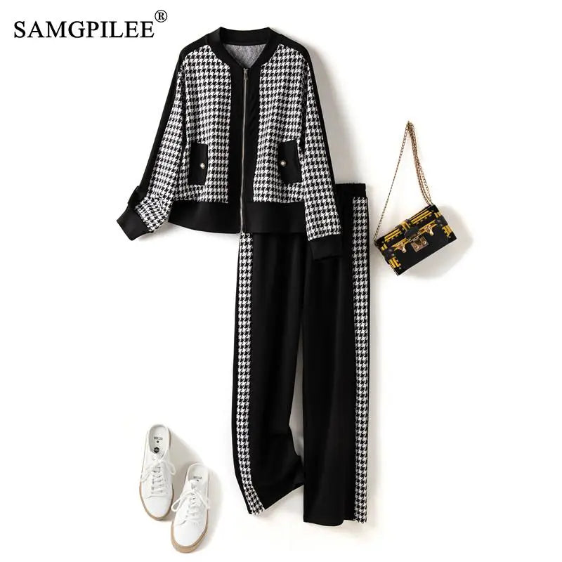 Two Piece Sets Womens Outifits 2024 New Houndstooth Cardigan Jacket Wide Leg Pants Autumn Winter Elegant Women's Sets 4XL