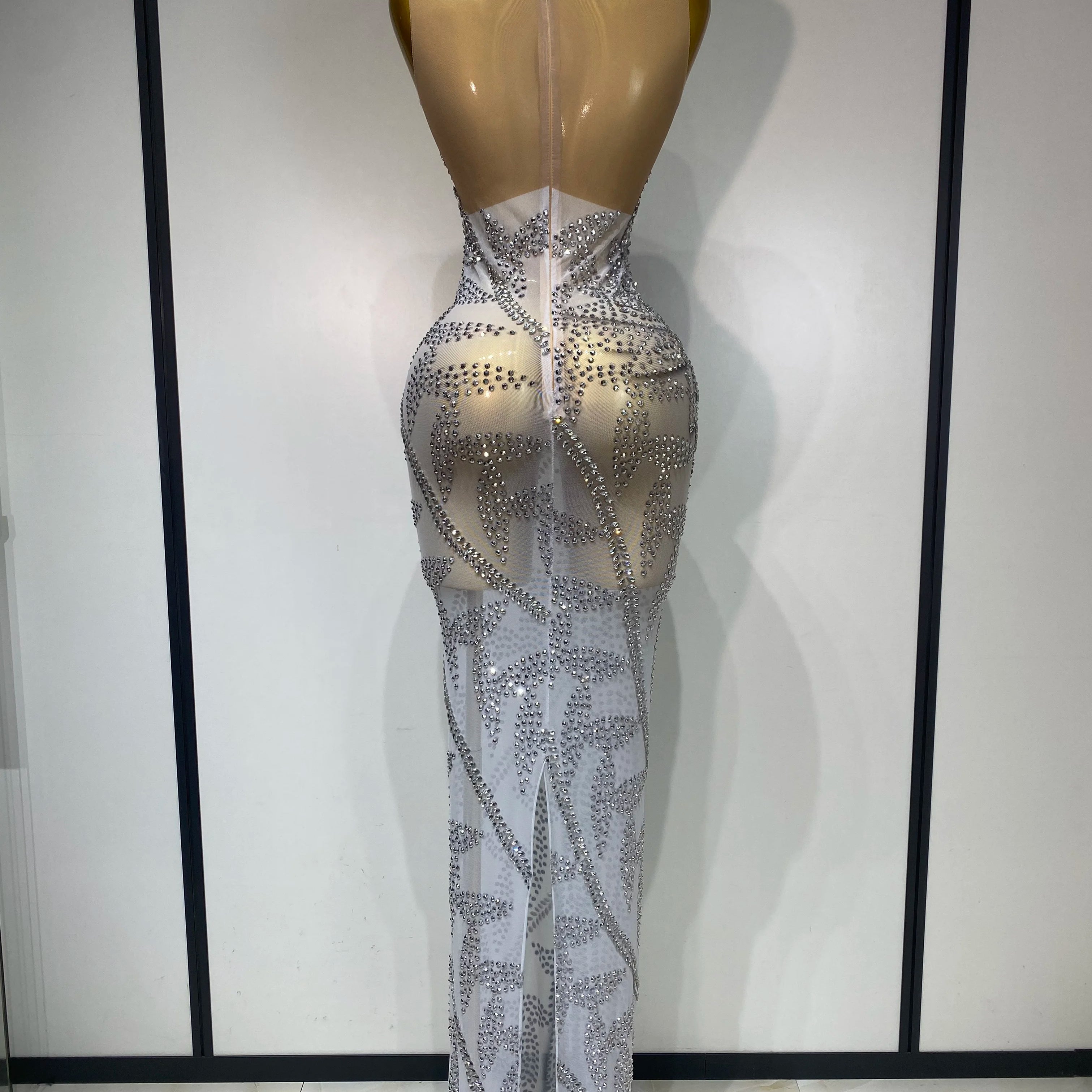 Luxury Rhinestone Sleeveless Silver Long Dress Women Sexy Mesh See Through Evening Prom Birthday Photo Shoot Singer Stage Outfit